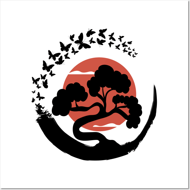 Bonsai Tree in Enso Circle Butterflies Wall Art by mstory